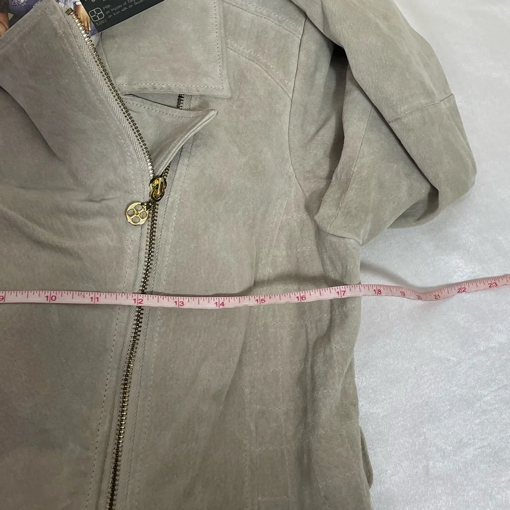 Iman suede 100% leather jacket grey zip up L womens trendy - Picture 9 of 11